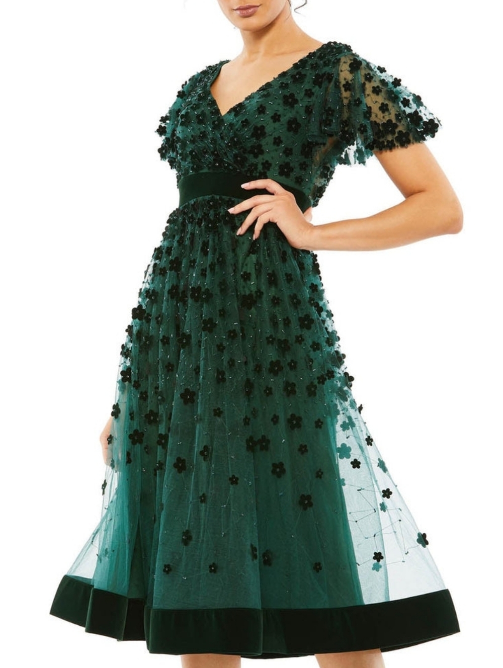 Mac Duggal 67854 Emerald Green V-Neck 3D Floral Beaded Velvet Midi Dress 6 NWT